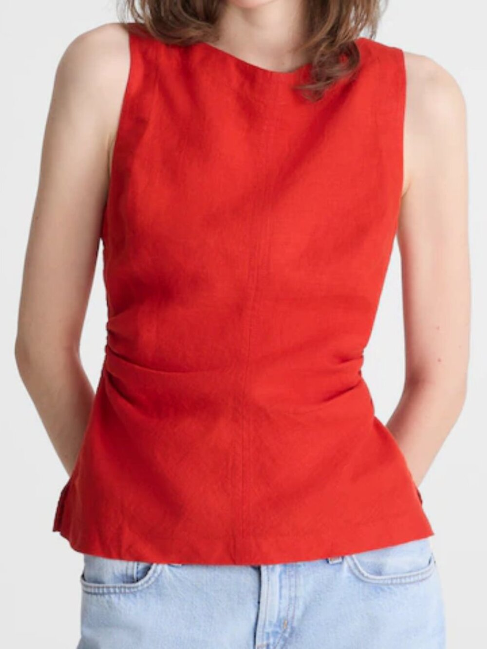 Madewell Red Cinched Boatneck Sleeveless Top in 100% Linen Size 8 NWT